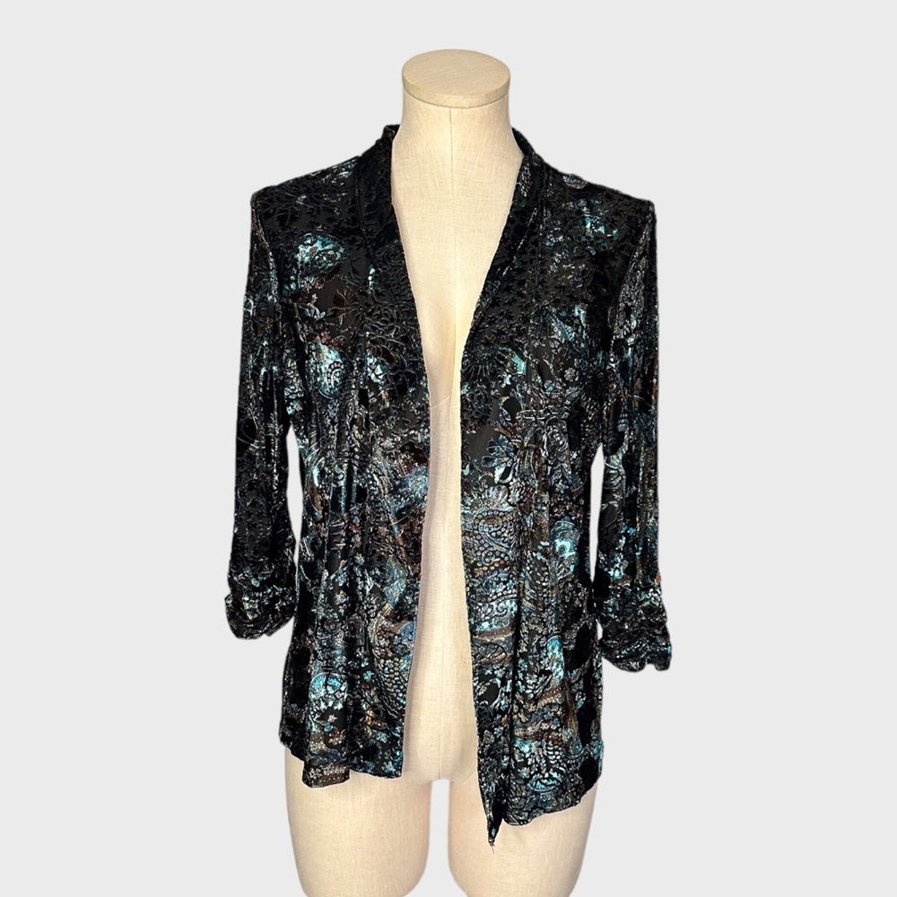 TanJay Petites‎ Velvet Burnout Paisley Floral Open Front Jacket
